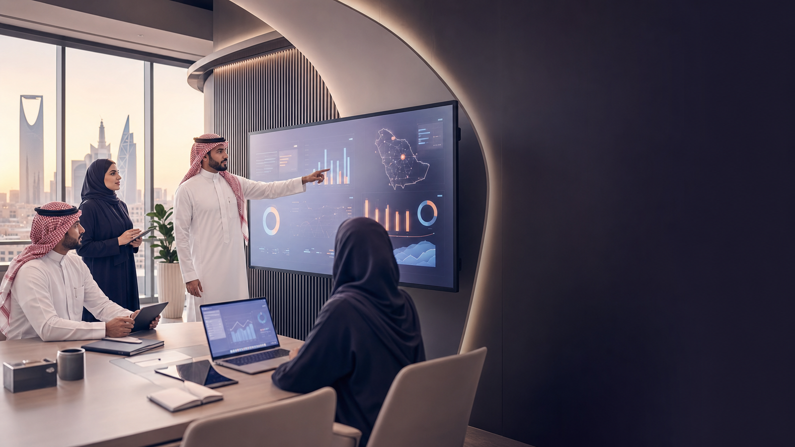فريق سعودي يراجع مؤشرات المبيعات والعمليات في مكتب حديث